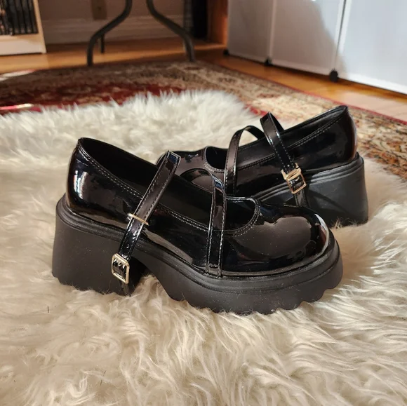 Black Faux Leather Platform Shoes - Picture 4 of 13